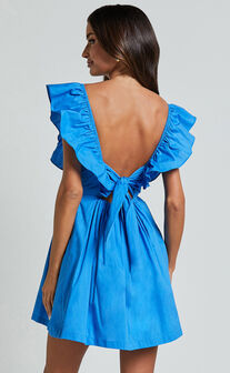 Raiza Mini Dress - Ruffle Sleeve Tie Back Plunge Dress in Blue