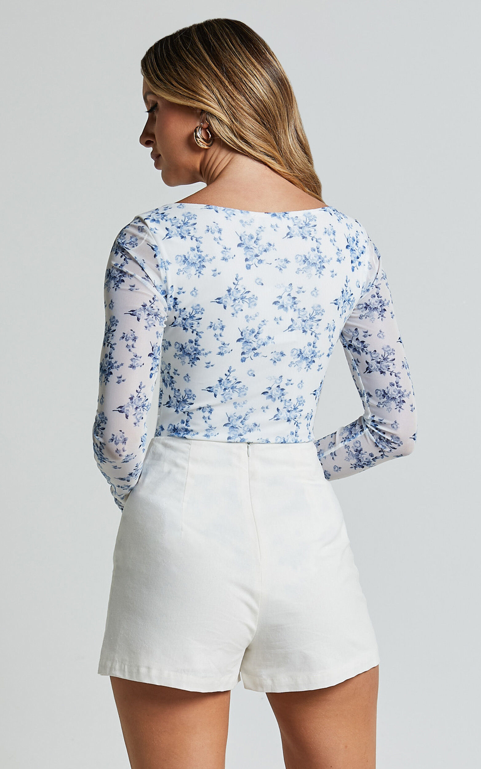 Emae Bodysuit - Long Sleeve Sweetheart Mesh Bodysuit in Blue Floral ...