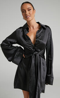 Hadid Mini Dress - Button Down Waist Tie Shirt Dress in Black