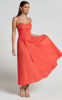 Carla Midi Dress - Strappy Sweetheart Fit and Flare Dress in Scarlet