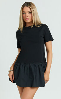 Kym Mini Dress - Tee Shirt Top Drop Waist Gathered Full Skirt Dress in Black