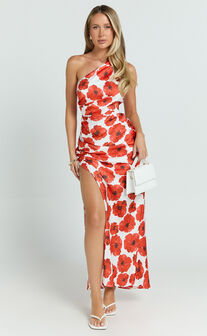 Maria Midi Dress - One Shoulder High Slip Leg in Red Floral