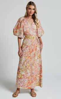 Amalie The Label - Santana Linen Blend Puff Sleeve Wrap Midi Dress in Morocco Print
