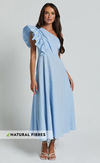 Dixie Midi Dress - Linen Look One Shoulder Ruffle Dress in Blue