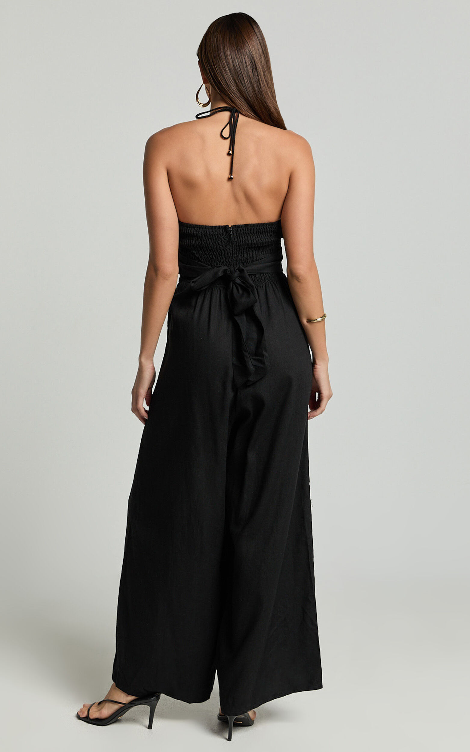 Isla Jumpsuit - Linen Look Halter Neck Jumpsuit in Black | Showpo USA