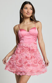 Jovi Mini Dress - Sweetheart Embroidery Rosette Detail Dress in Pink ...