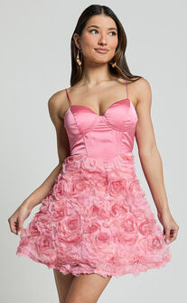 Jovi Mini Dress - Sweetheart Embroidery Rosette Detail Dress in Pink