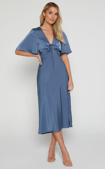 Nicholla Midi Dress - Ruched Front Angel Sleeve Slip Dress in Steel Blue