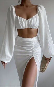 Shamir Two Piece Set - Balloon Sleeve Crop Top and Ruched Split Midi Skirt Set in White