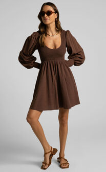 Valena Mini Dress - Shirred Scoop Neck Longsleeve A Line Dress in Chocolate