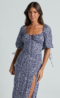 Rosario Midi Dress - Ruched Bust Puff Sleeve Dress in Blue Floral