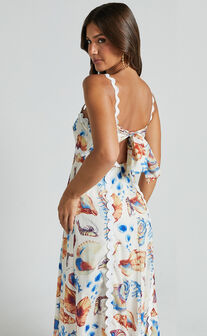 Lani Maxi Dress - Wavy Strap and Neck A Line Dress in Blue and Yellow Print