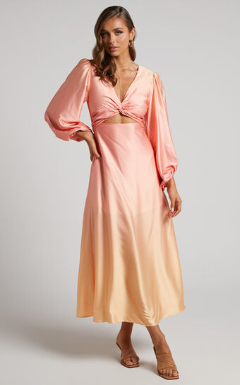 Tyra Long Sleeve Twist Front Cut Out Ombre Maxi Dress in Peach Sunrise