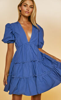 Sarah Mini Dress - Short Puff Sleeve V Neck A Line Dress in Blue