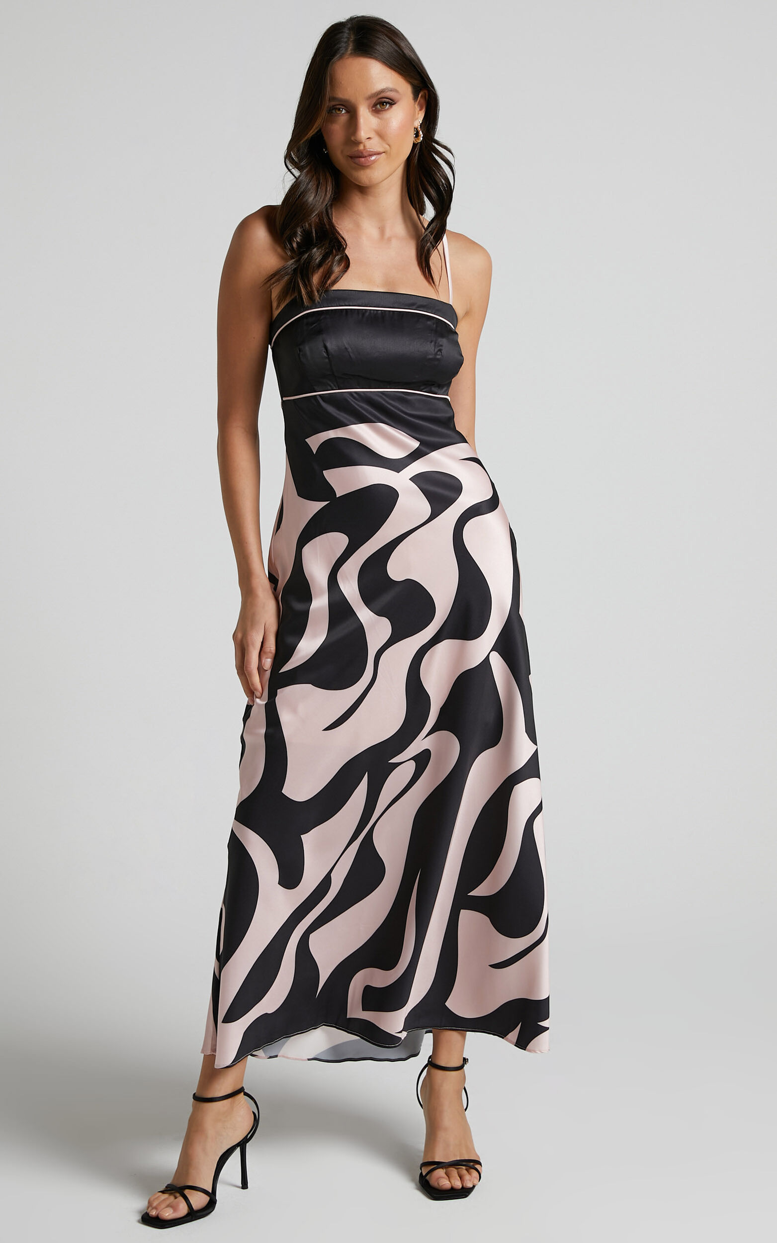 Angela Midi Dress - Thin Strap A Line Dress in Black & Cream Swirl - 06, BLK1