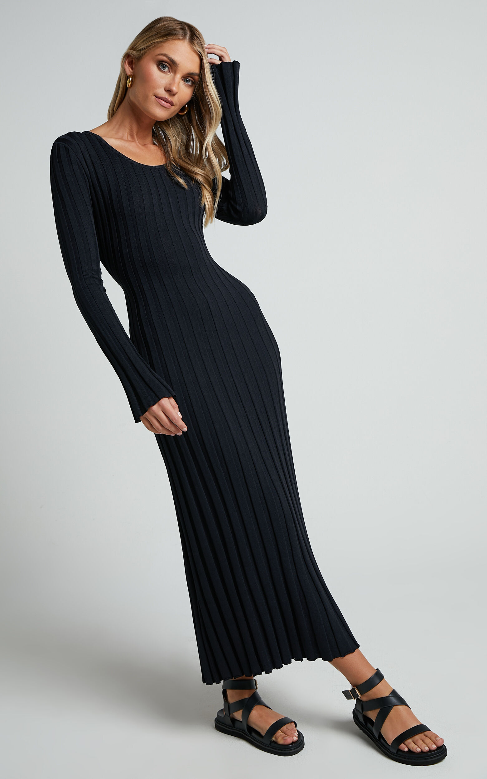 Blaire Midi Dress Long Sleeve Tie Back Flare Dress in Black