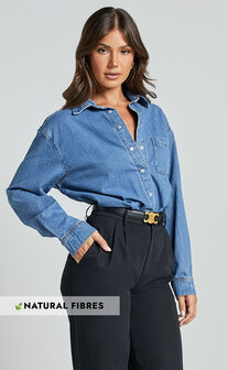 Collins Top - Long Sleeve Button Through Denim Shirt in Mid Blue Wash