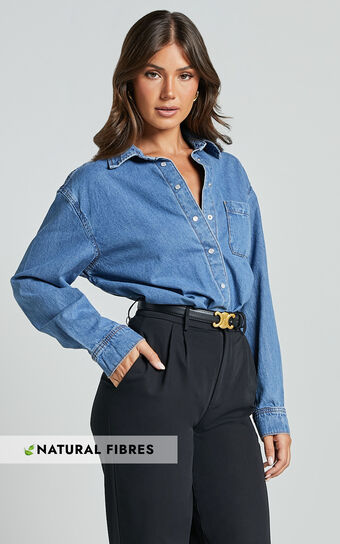Collins Top Long Sleeve Button Through Denim Shirt in Mid Blue Wash Showpo