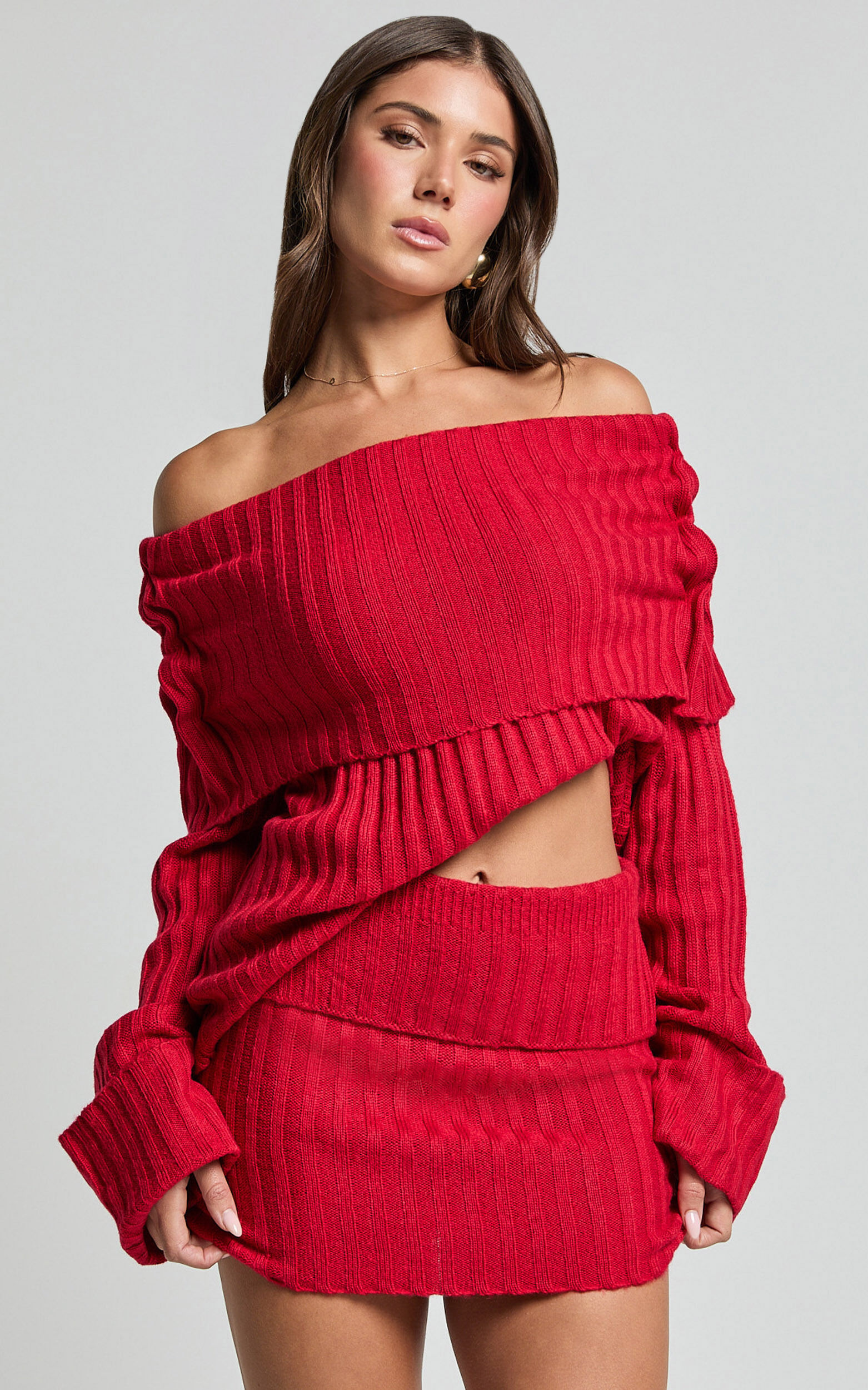 SNDYS The Label Brooks Off Shoulder Jumper in Cherry Showpo USA