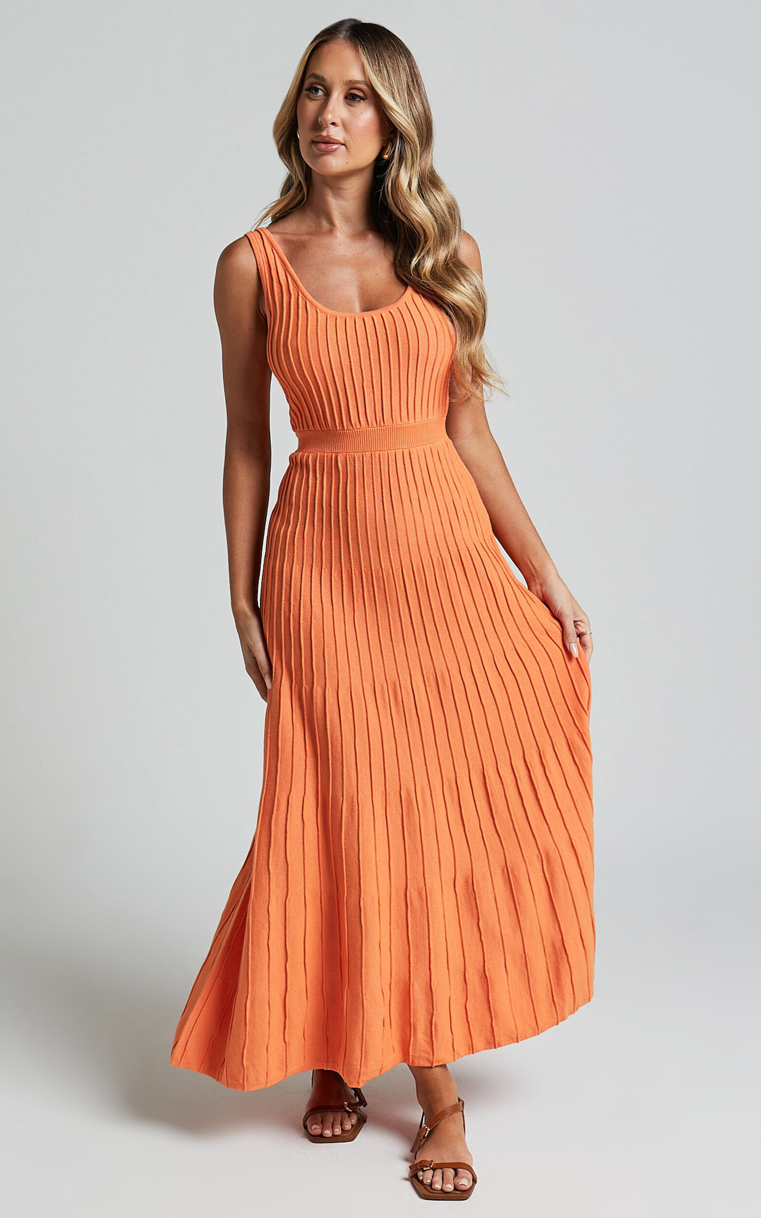 Saoirse Maxi Dress - Square Neck Strappy Knit Dress in Mango - 06, ORG1