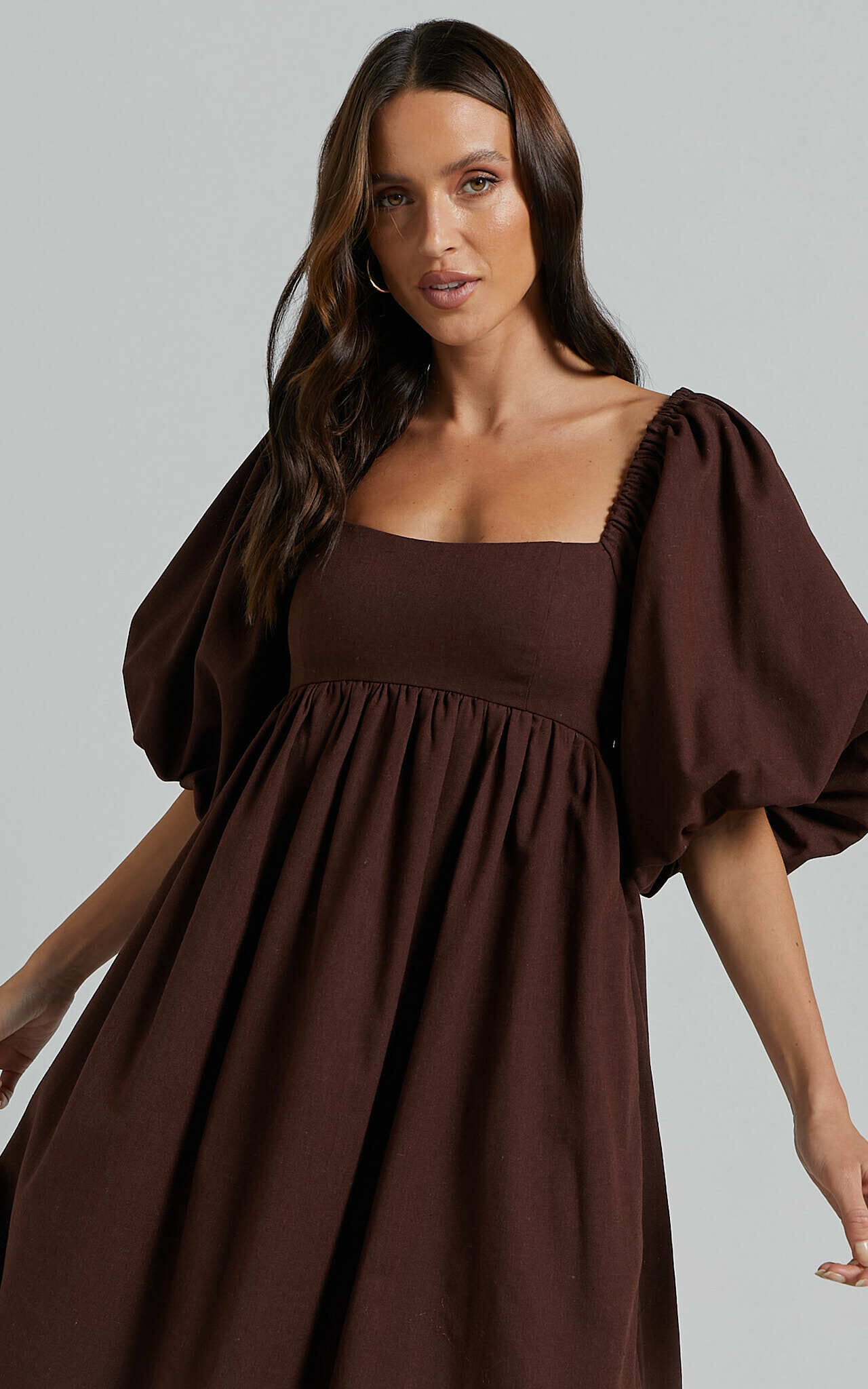 Cenia Midi Dress Linen Look Straight Neck Shirred Back Puff