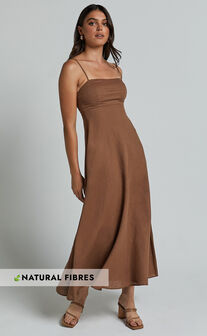 Brette Midi Dress - Linen Look Straight Neck Strappy Fit And Flare Dress in Tobacco