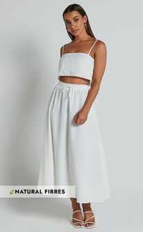 Lumi Two Piece Set -Linen Look Strappy Crop Top and Drawstring Midi Skirt in White