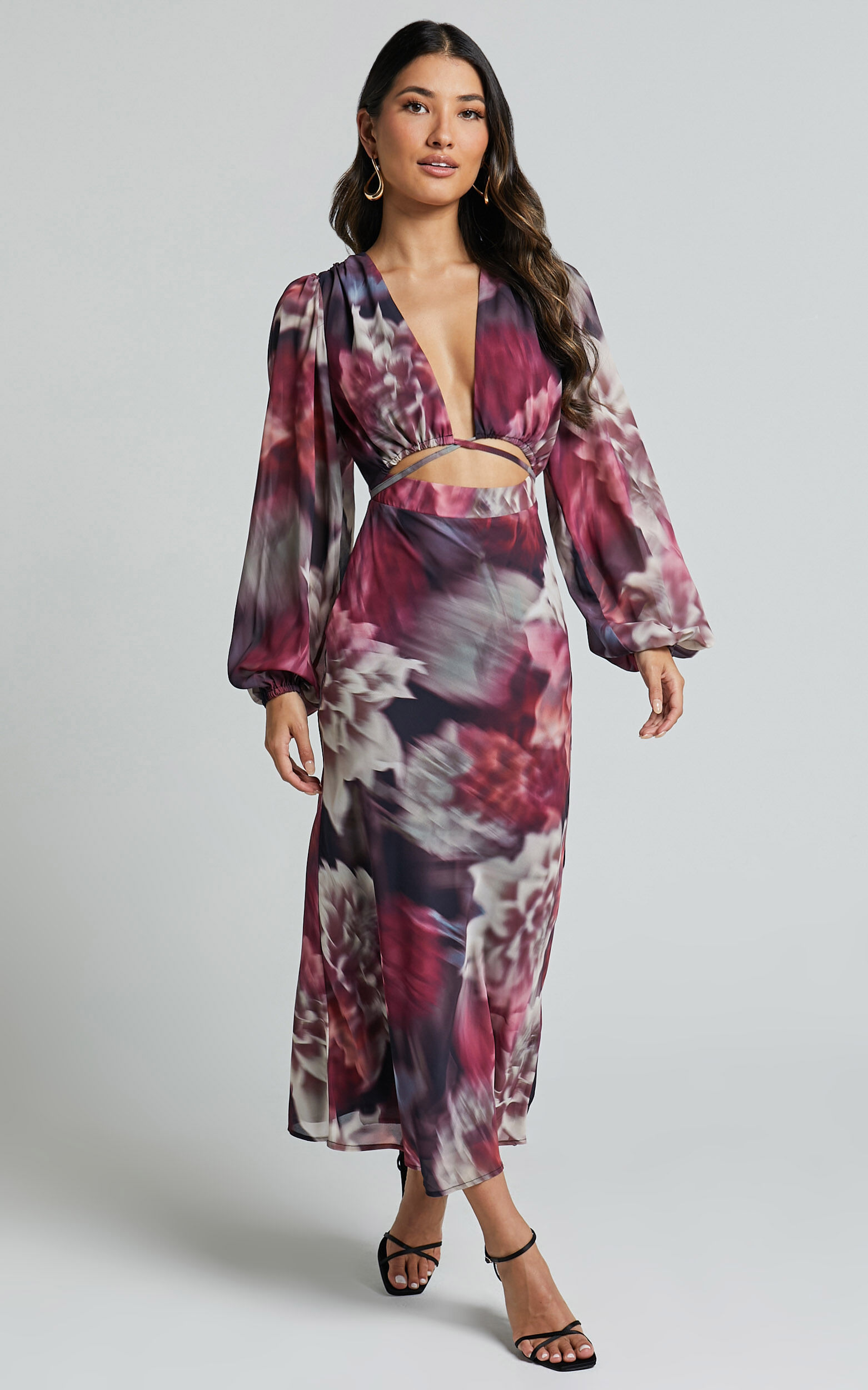 Cutout back bishop cheap sleeve floral bodycon dress