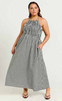 Aimie Midi Dress - Strappy Halter Neck Shirred Top in White Check