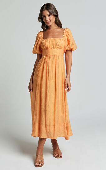 Roshina Midi Dress - Straight Neck Puff Sleeve Dress in Orange No Brand