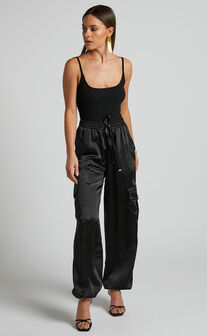 Jadeiah Pants - Mid Rise Cargo Pocket Satin Jogger Pant in Black