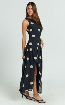Darlynne Midi Dress - One Shoulder Dress in Black Polkadot
