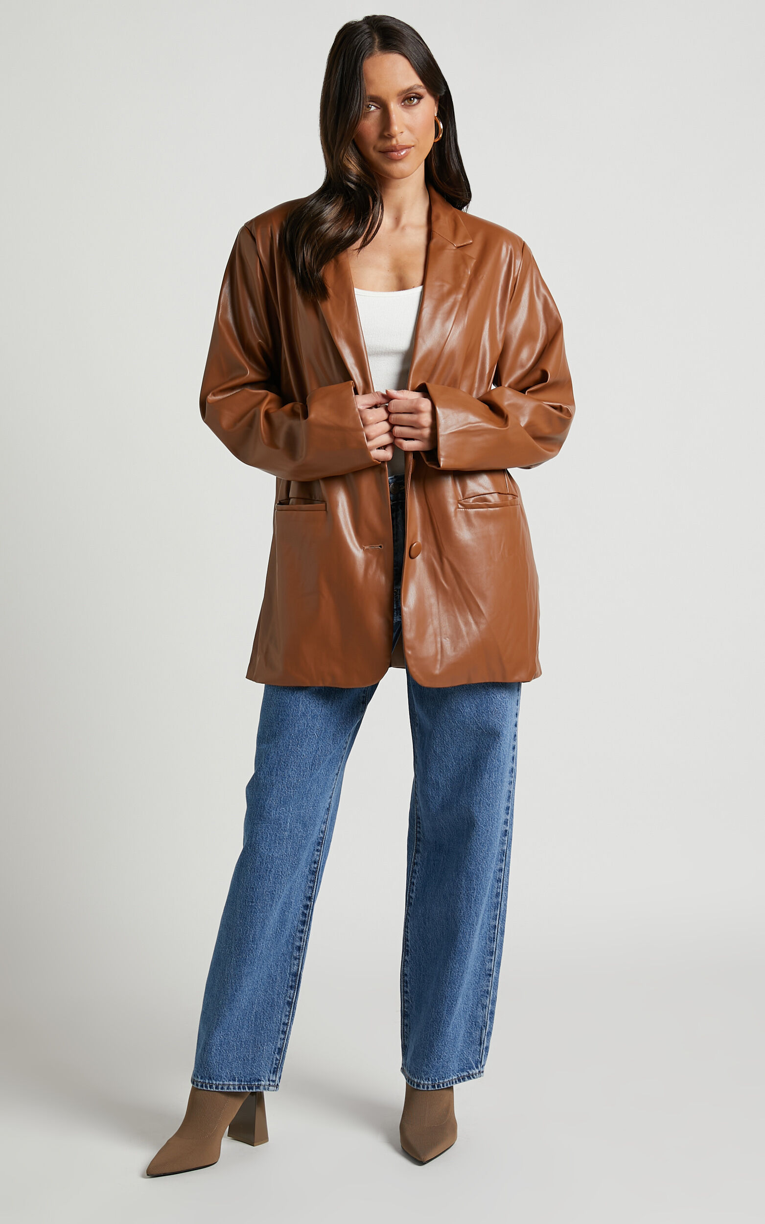 Faux leather new arrivals tan jacket
