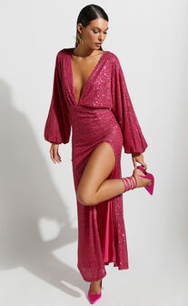 Arlington Midi Dress - Sequin Long Sleeve Dress in Hot Pink