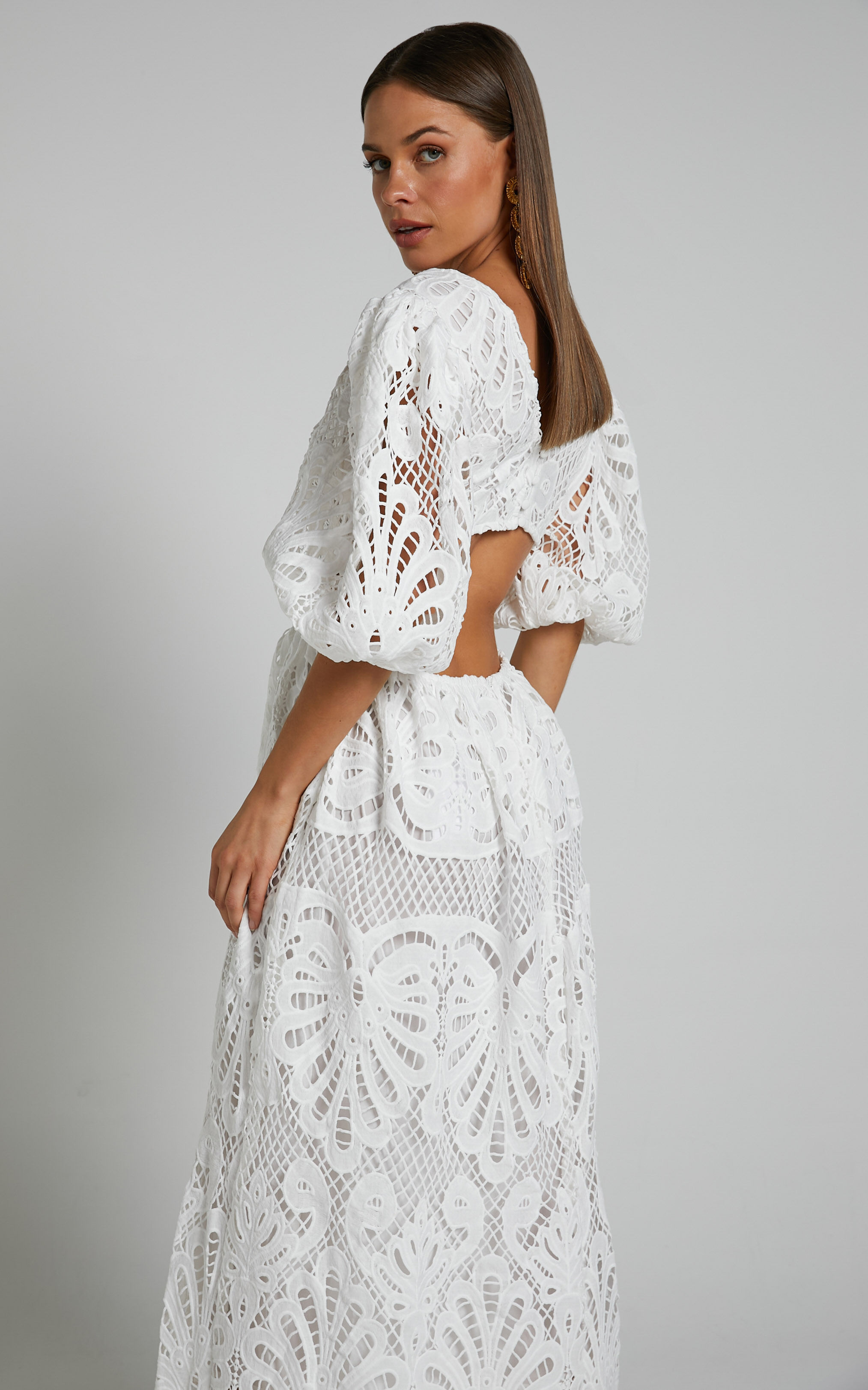 Anieshaya Midi Dress V Neck Cut Out Lace Dress in White Showpo USA