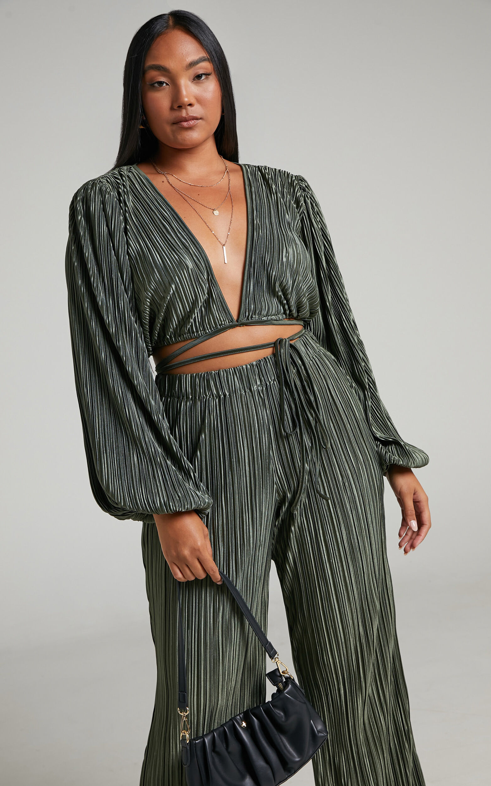 Crystral Top - Plisse Cross Front Top in Olive - 04, GRN1
