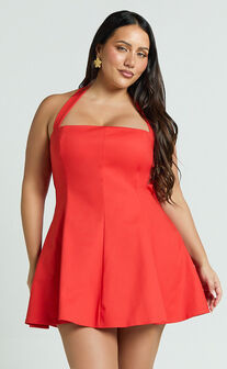 Nadine Mini Dress - Square Neck Halterneck Flare Skirt Dress in Red