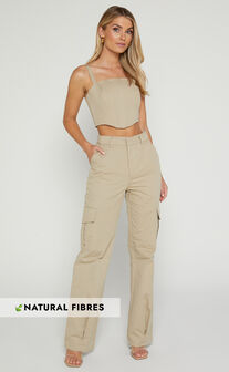Diana Two Piece Set - Corset top High Waisted Straight Leg Pants in Taupe
