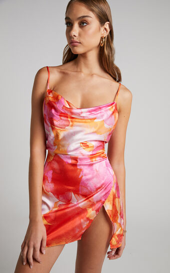 Kiararah Mini Dress - Split Cowl Neck Dress in Party Sunrise