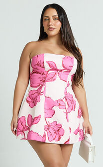 Catharine Mini Dress - Strapless A Line Dress in Bouquet Di Fiori Print