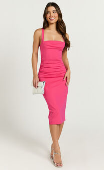 Tiffy Midi Dress - Square Neck Ruched Bodycon Dress in Pink