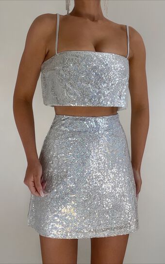 Elswyth Top - Strappy Sequin Crop Cami Top in Silver