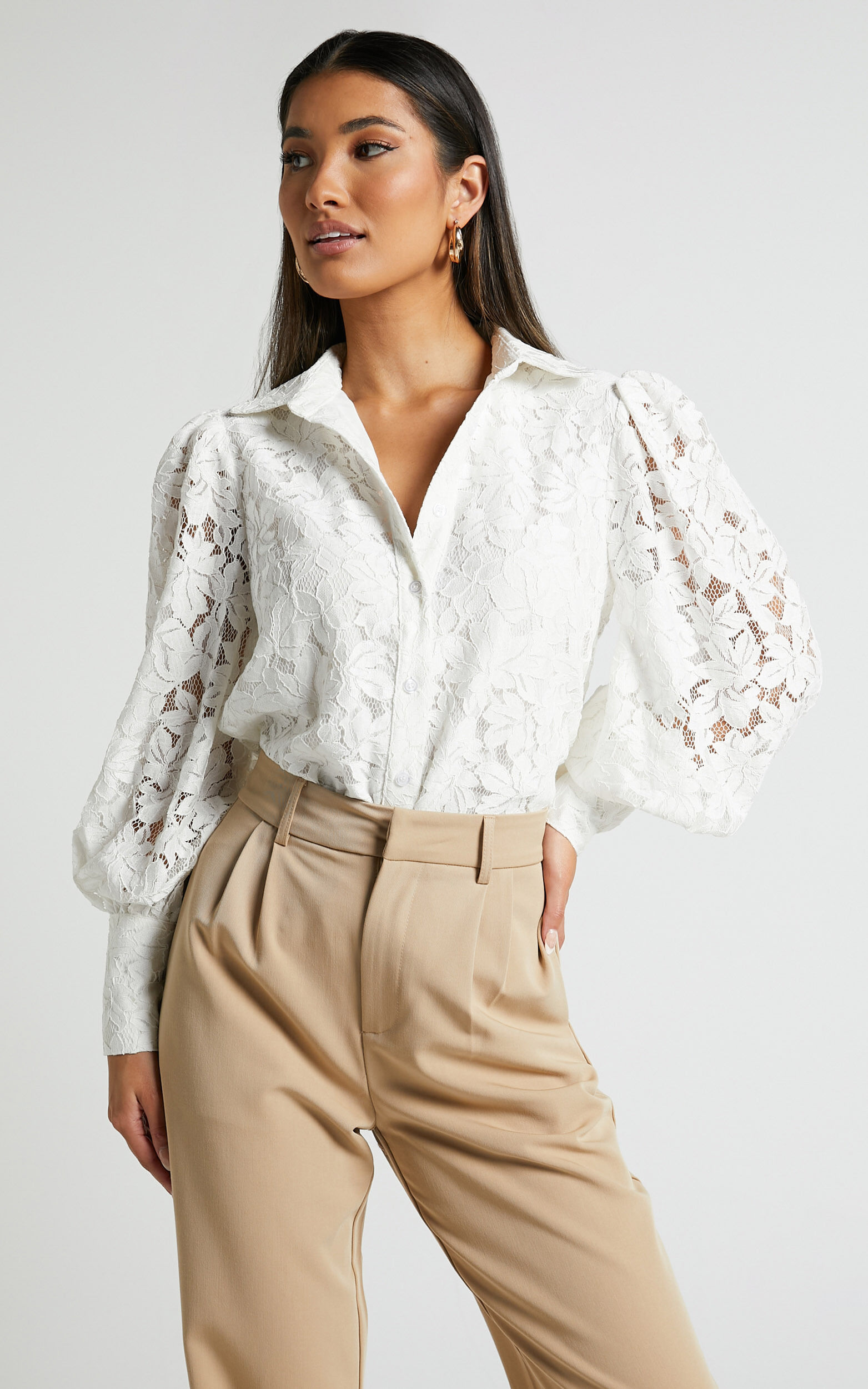 Meghan Shirt Ballon Long Sleeve Lace Button Up Shirt in White