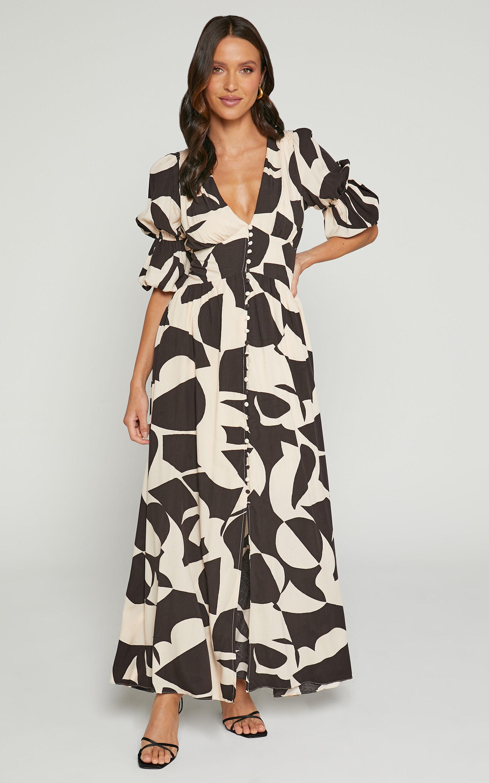 Jubeth Midi Dress - Deep V Neck Puff Sleeve Dress in Black & Cream Geo ...