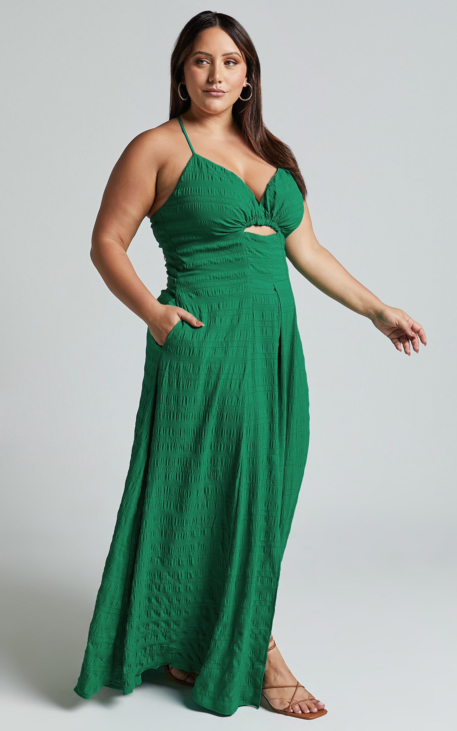 Marisse Maxi Dress Cut Out Front Split Cross Back Textured Dress in Green Showpo USA