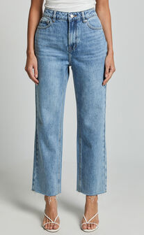 Imelda Jeans - Mid Waist Frayed Hem Recycled Denim Crop Straight Leg Jeans in Mid Blue Wash