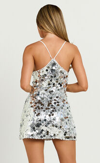 Amore Mini Dress - Sequin V Neck Slip Dress in Silver