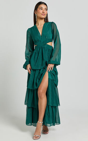 Jacinda Maxi Dress - Cut Out Long Sleeve Thigh Split Tiered Dress in Emerald