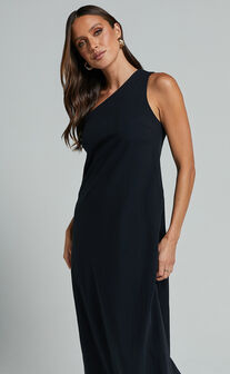 Shammae Midi Dress - One Shoulder Sleeveless Dress in Black