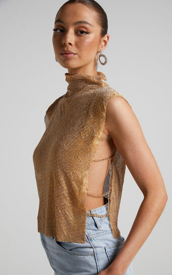 Dalena Top - Sleeveless High Neck Mesh Chainmail Top in Gold No Brand